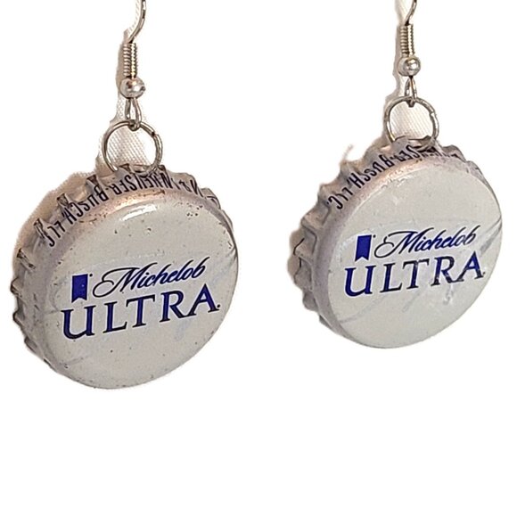 Silver Tone Michelob Ultra Silver Bottle Top Boho Drop Dangle Hook Earrings - Picture 5 of 6